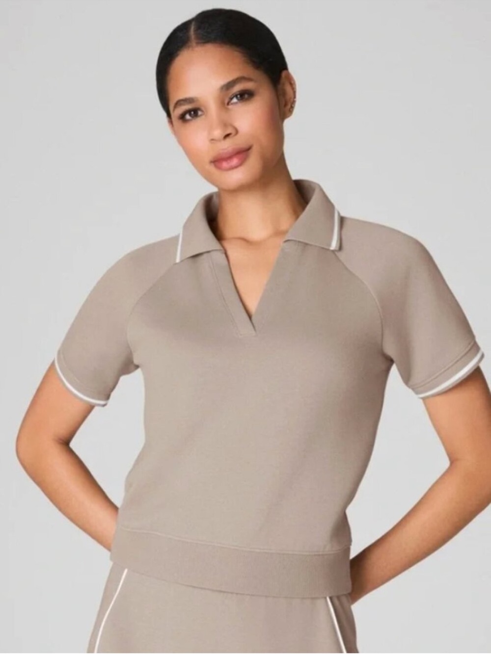 SPANX AirEssentials Pique Polo Taupe Short Sleeve Collared Top